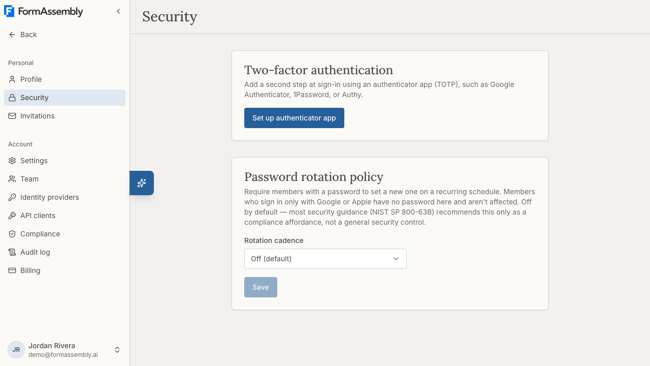 The FormAssembly Security page showing the Two-factor authentication section