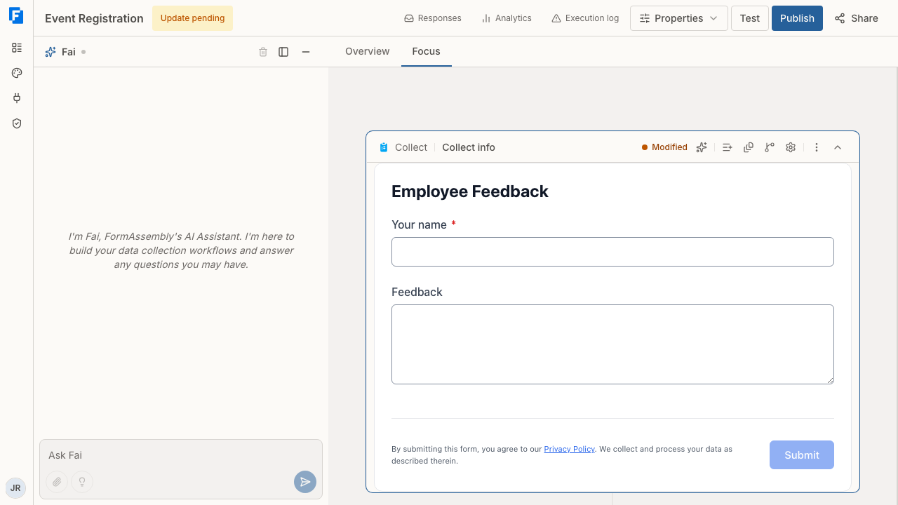 The FormAssembly workflow builder with a Collect step and a Respond step on the canvas
