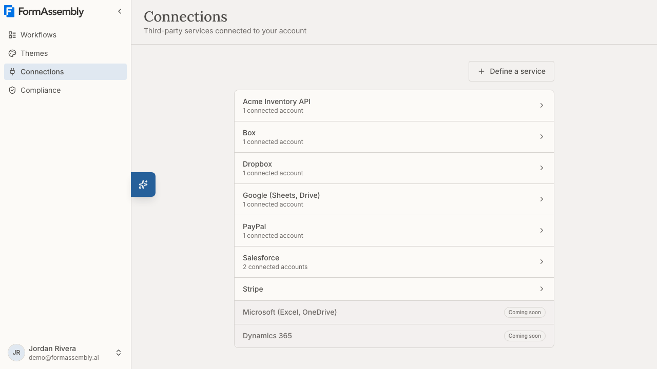The Connections page in FormAssembly, listing available services