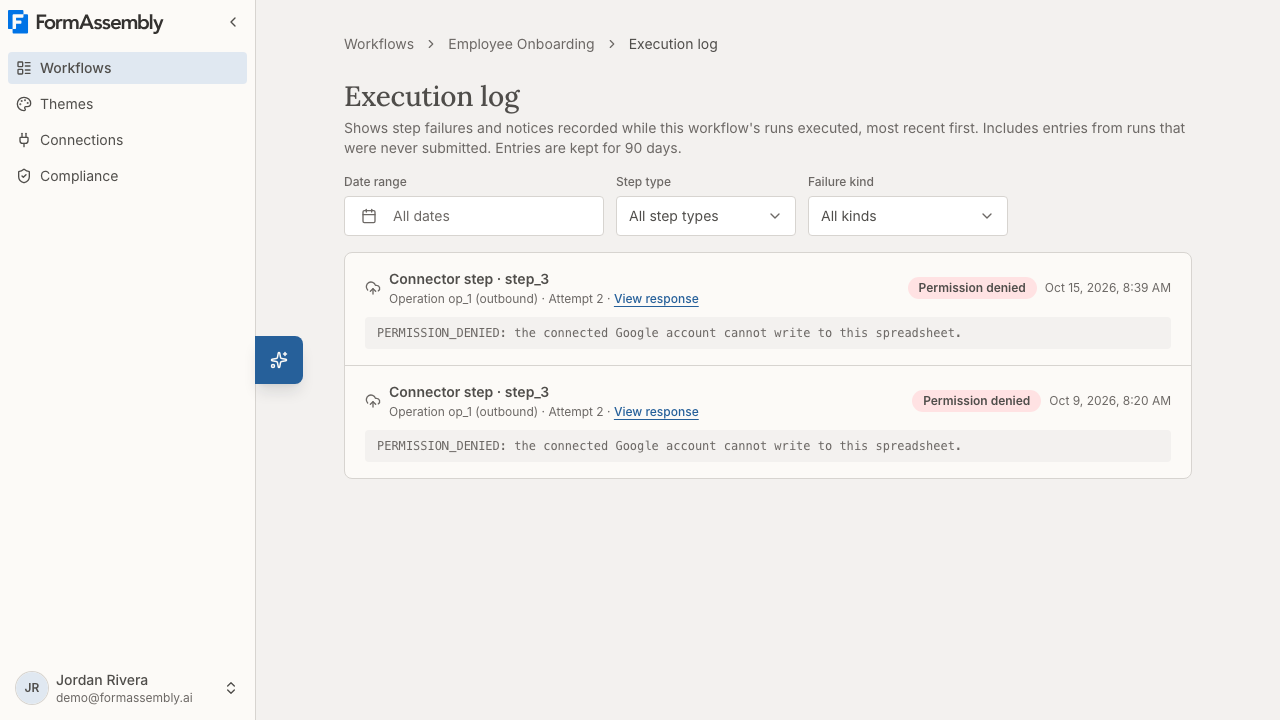 The Execution log page for a workflow, showing the Date range, Step type and Failure kind filters