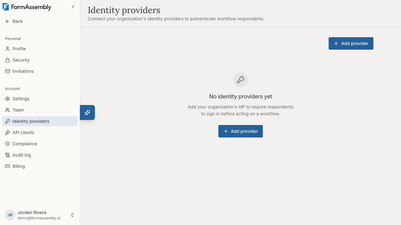 The Identity providers page with the Add identity provider button