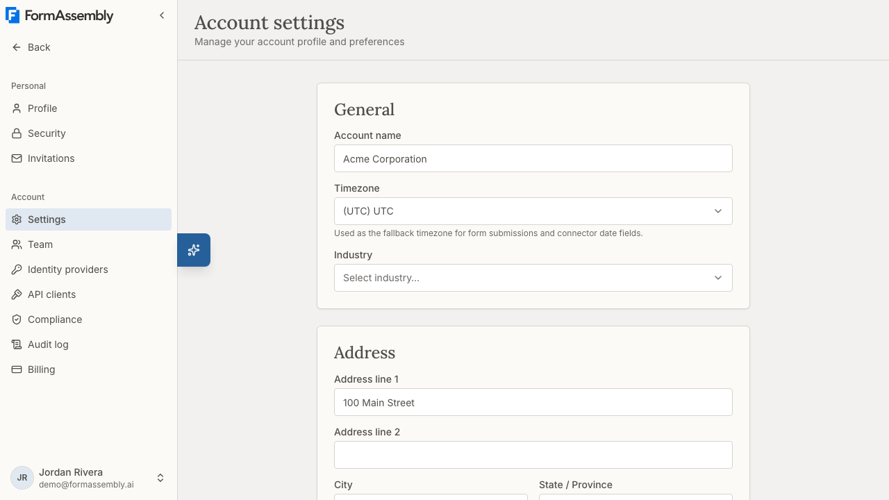 Account settings page