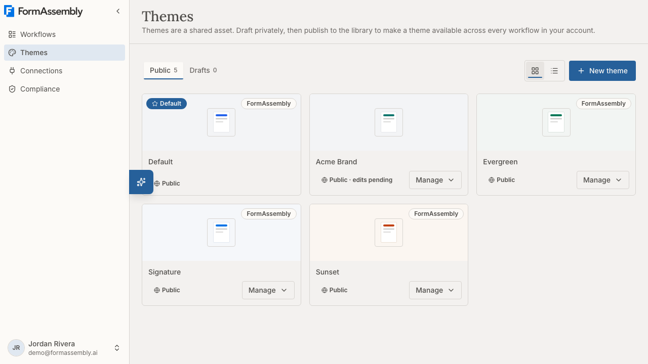 The FormAssembly Themes library showing published themes as cards