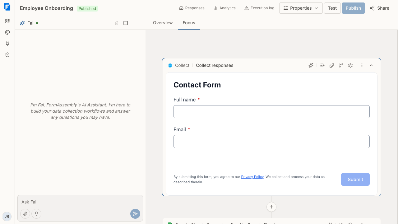 The FormAssembly builder, showing the chat panel on the left and the workflow canvas on the right